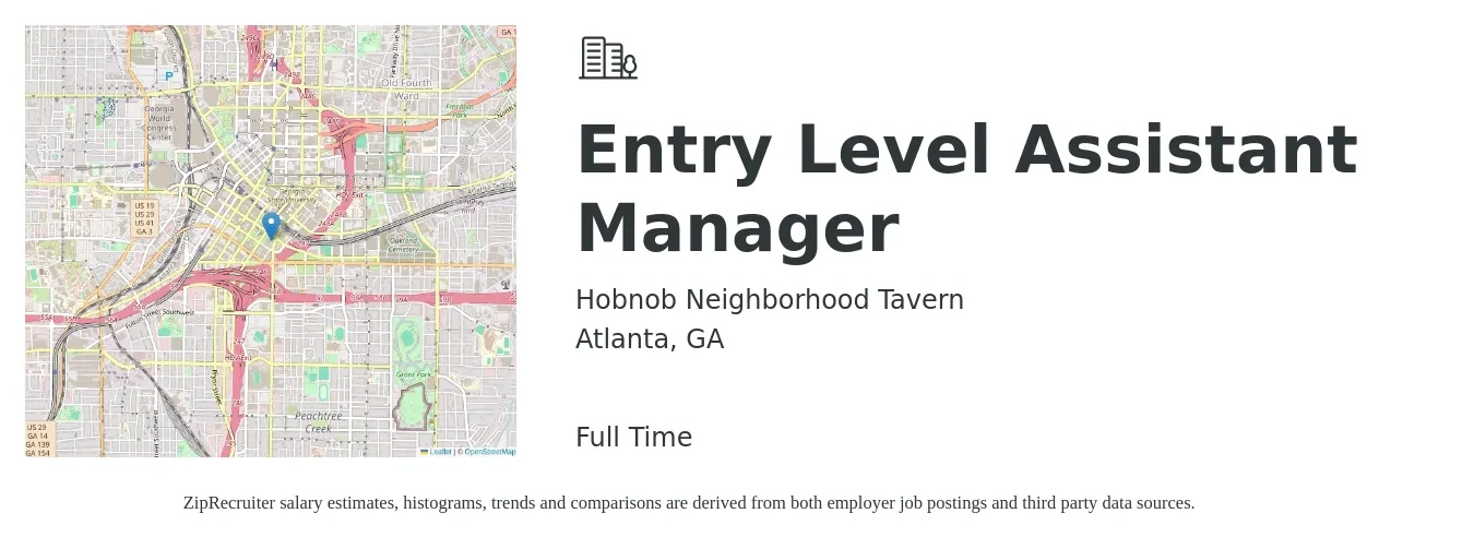 Hobnob Neighborhood Tavern job posting for a Entry Level Assistant Manager in Atlanta, GA with a salary of $38,900 to $50,000 Yearly with a map of Atlanta location.