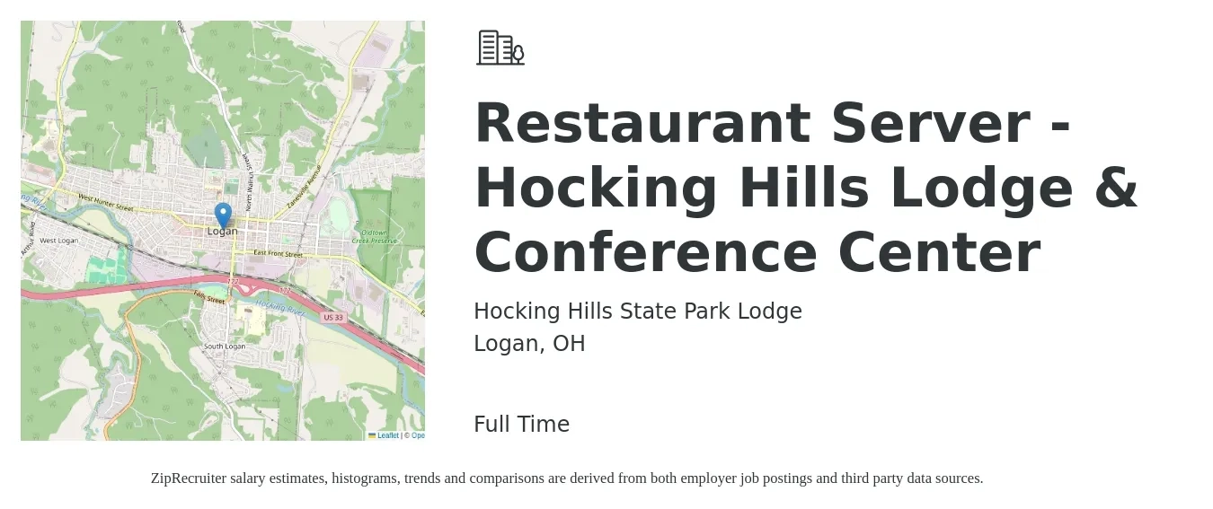 Hocking Hills State Park Lodge job posting for a Restaurant Server - Hocking Hills Lodge & Conference Center in Logan, OH with a salary of $8 to $14 Hourly with a map of Logan location.