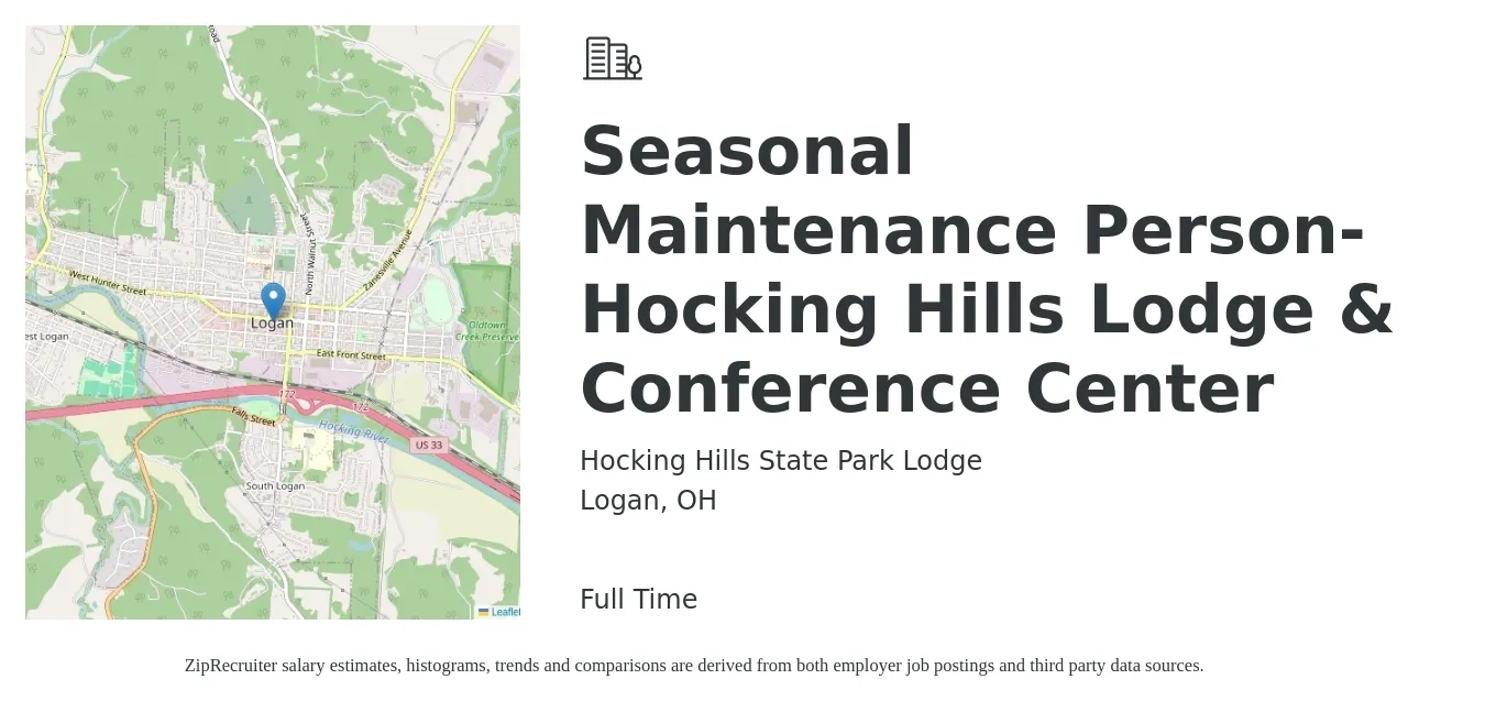 Hocking Hills State Park Lodge job posting for a Seasonal Maintenance Person-Hocking Hills Lodge & Conference Center in Logan, OH with a salary of $12 to $16 Hourly with a map of Logan location.