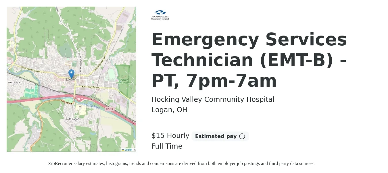 Hocking Valley Community Hospital job posting for a Emergency Services Technician (EMT-B) - PT, 7pm-7am in Logan, OH with a salary of $16 Hourly with a map of Logan location.