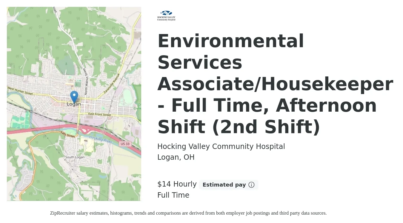 Hocking Valley Community Hospital job posting for a Environmental Services Associate/Housekeeper - Full Time, Afternoon Shift (2nd Shift) in Logan, OH with a salary of $15 Hourly with a map of Logan location.