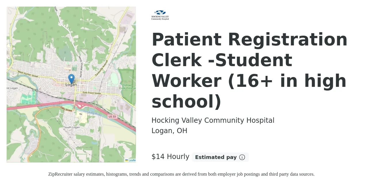 Hocking Valley Community Hospital job posting for a Patient Registration Clerk -Student Worker (16+ in high school) in Logan, OH with a salary of $15 Hourly with a map of Logan location.