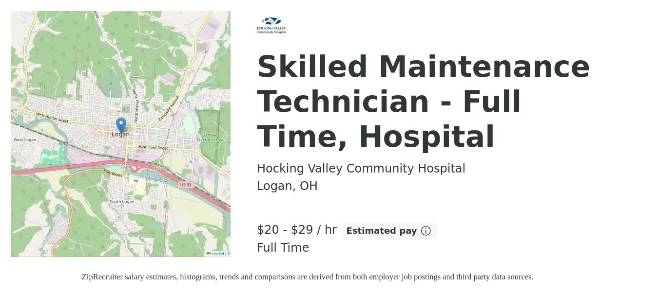 Hocking Valley Community Hospital job posting for a Skilled Maintenance Technician - Full Time, Hospital in Logan, OH with a salary of $22 to $30 Hourly with a map of Logan location.