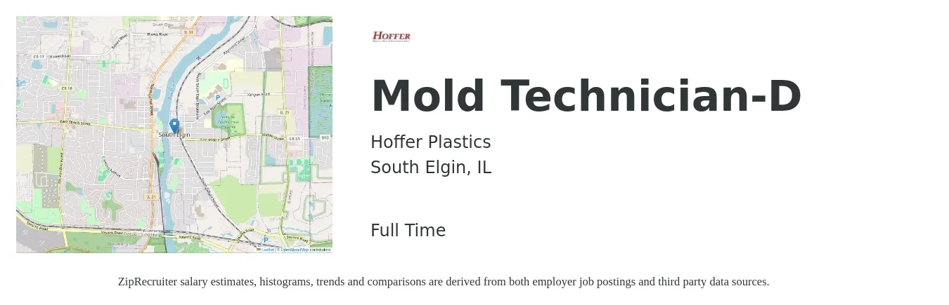 Hoffer Plastics job posting for a Mold Technician-D in South Elgin, IL with a salary of $17 to $19 Yearly with a map of South Elgin location.