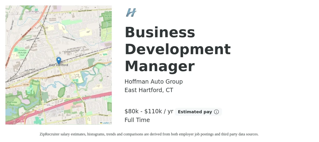 Hoffman Auto Group job posting for a Business Development Manager in East Hartford, CT with a salary of $80,000 to $110,000 Yearly with a map of East Hartford location.