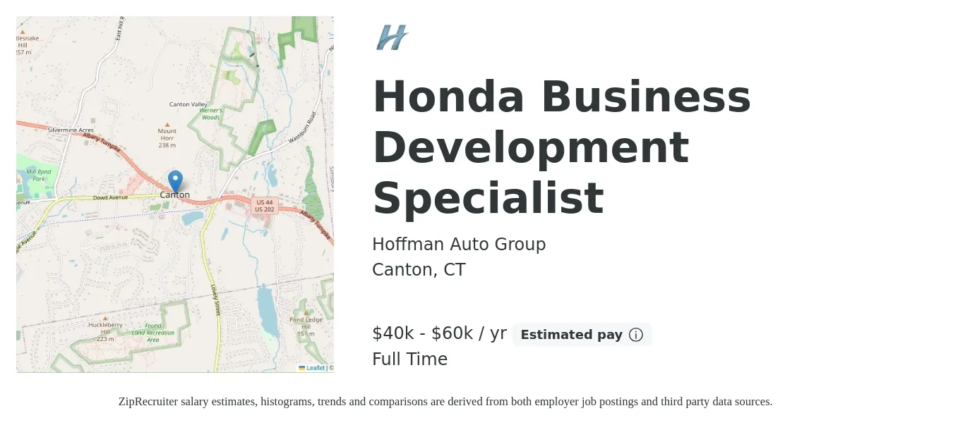 Hoffman Auto Group job posting for a Honda Business Development Specialist in Canton, CT with a salary of $40,000 to $60,000 Yearly with a map of Canton location.