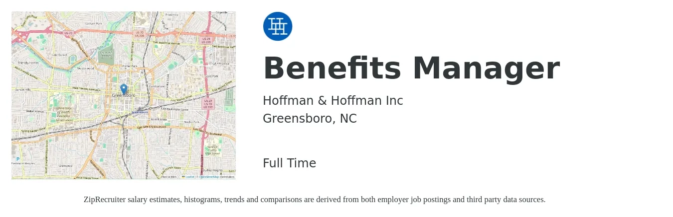 Hoffman & Hoffman Inc job posting for a Benefits Manager in Greensboro, NC with a salary of $64,400 to $101,200 Yearly with a map of Greensboro location.