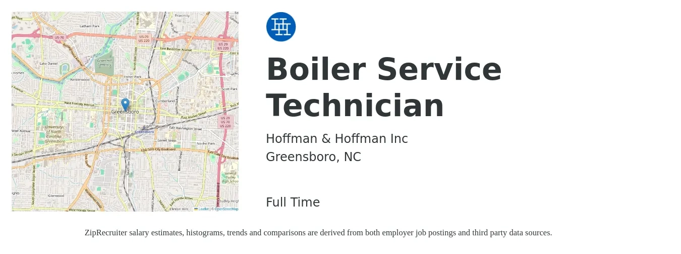 Hoffman & Hoffman Inc job posting for a Boiler Service Technician in Greensboro, NC with a salary of $28 to $44 Hourly with a map of Greensboro location.