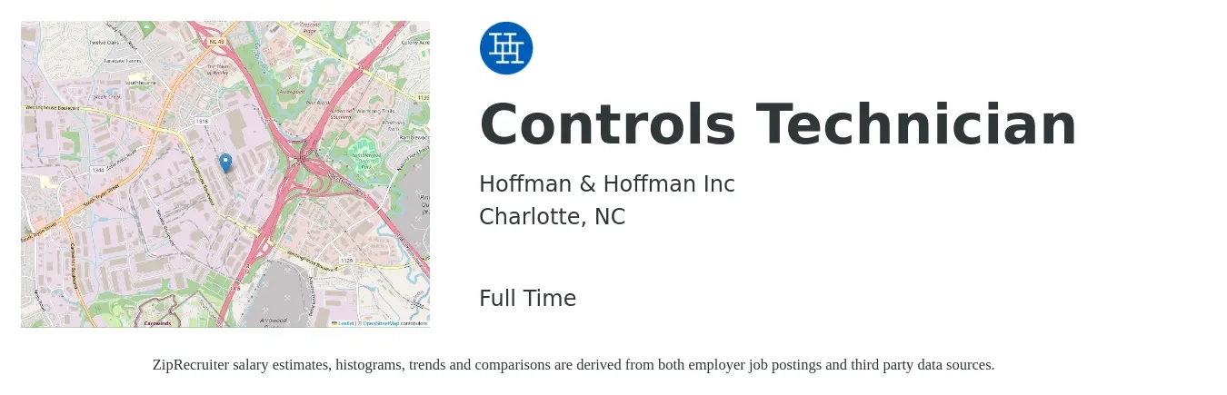Hoffman & Hoffman Inc job posting for a Controls Technician in Charlotte, NC with a salary of $29 to $38 Hourly with a map of Charlotte location.