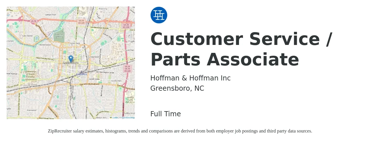 Hoffman & Hoffman Inc job posting for a Customer Service / Parts Associate in Greensboro, NC with a salary of $14 to $20 Hourly with a map of Greensboro location.