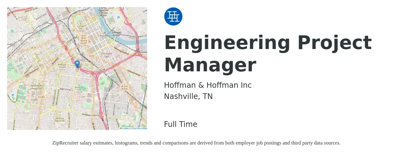 Hoffman & Hoffman Inc job posting for a Engineering Project Manager in Nashville, TN with a salary of $87,400 to $126,000 Yearly with a map of Nashville location.