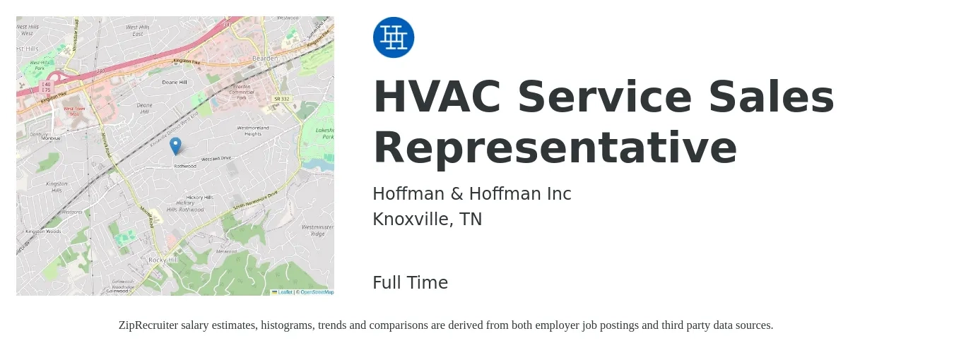 Hoffman & Hoffman Inc job posting for a HVAC Service Sales Representative in Knoxville, TN with a salary of $33,000 to $57,700 Yearly with a map of Knoxville location.