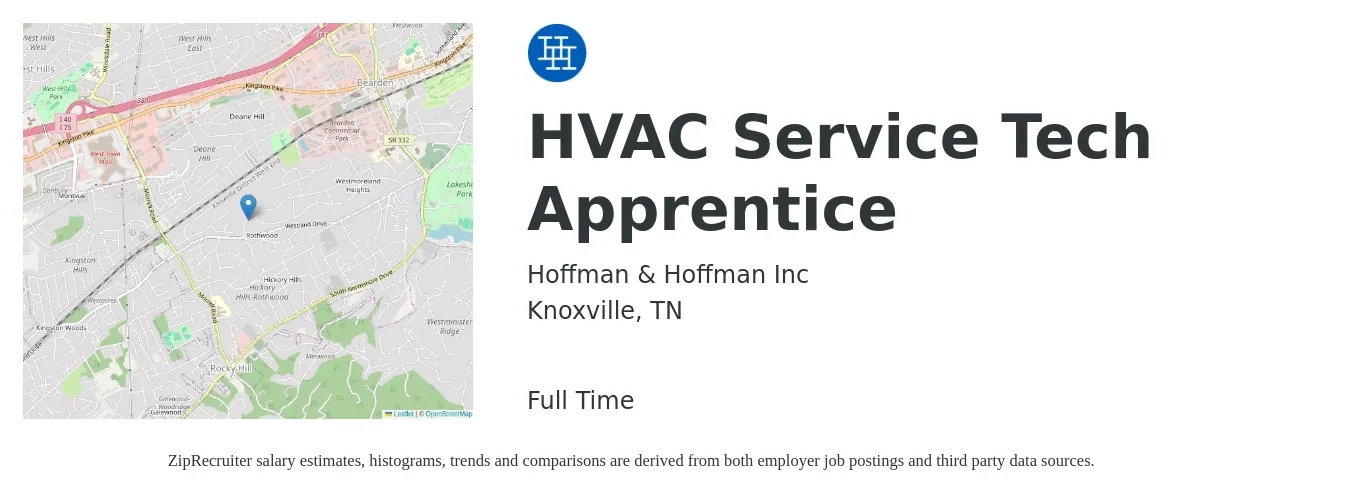 Hoffman & Hoffman Inc job posting for a HVAC Service Tech Apprentice in Knoxville, TN with a salary of $20 to $29 Hourly with a map of Knoxville location.