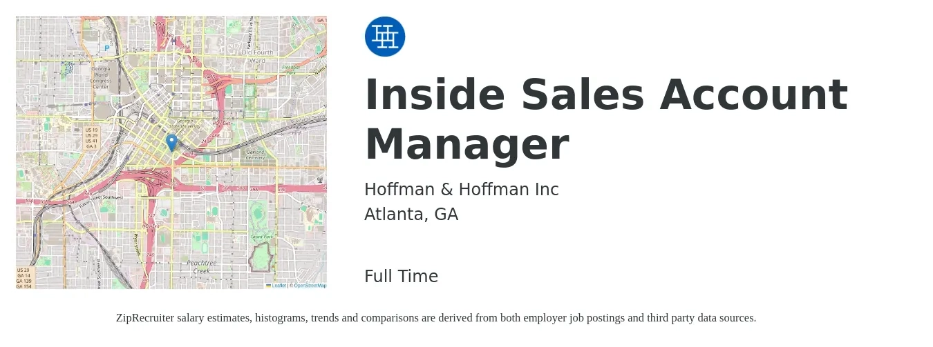 Hoffman & Hoffman Inc job posting for a Inside Sales Account Manager in Atlanta, GA with a salary of $46,100 to $64,300 Yearly with a map of Atlanta location.