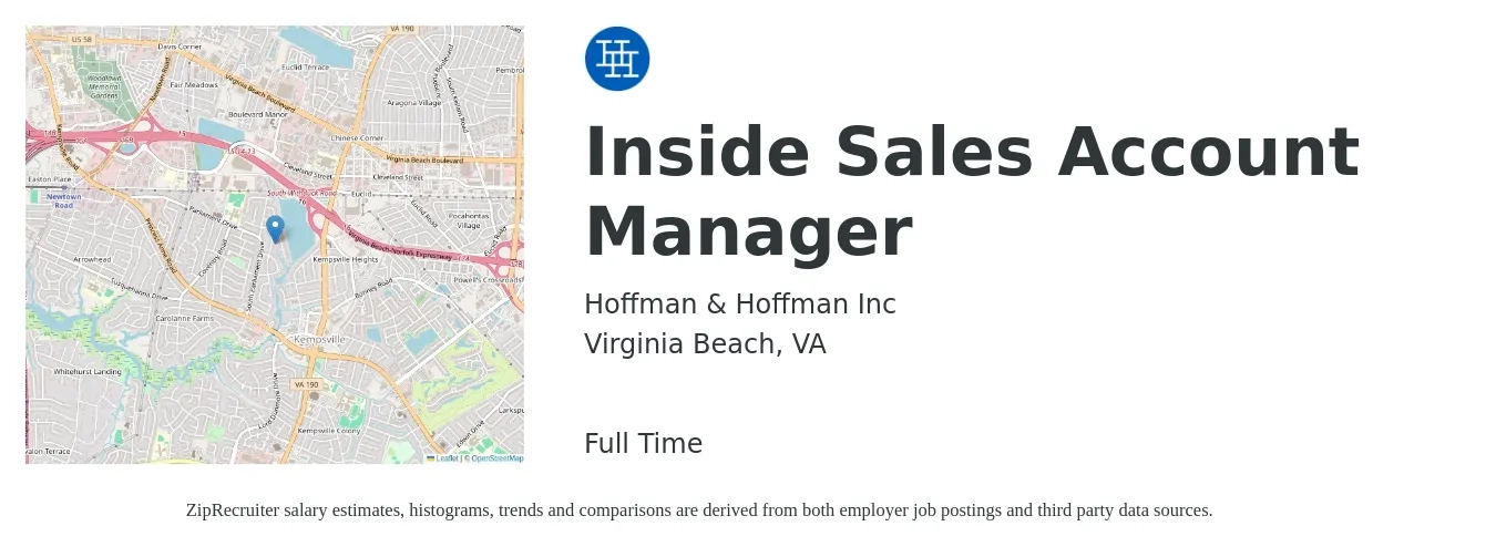 Hoffman & Hoffman Inc job posting for a Inside Sales Account Manager in Virginia Beach, VA with a salary of $41,600 to $57,900 Yearly with a map of Virginia Beach location.