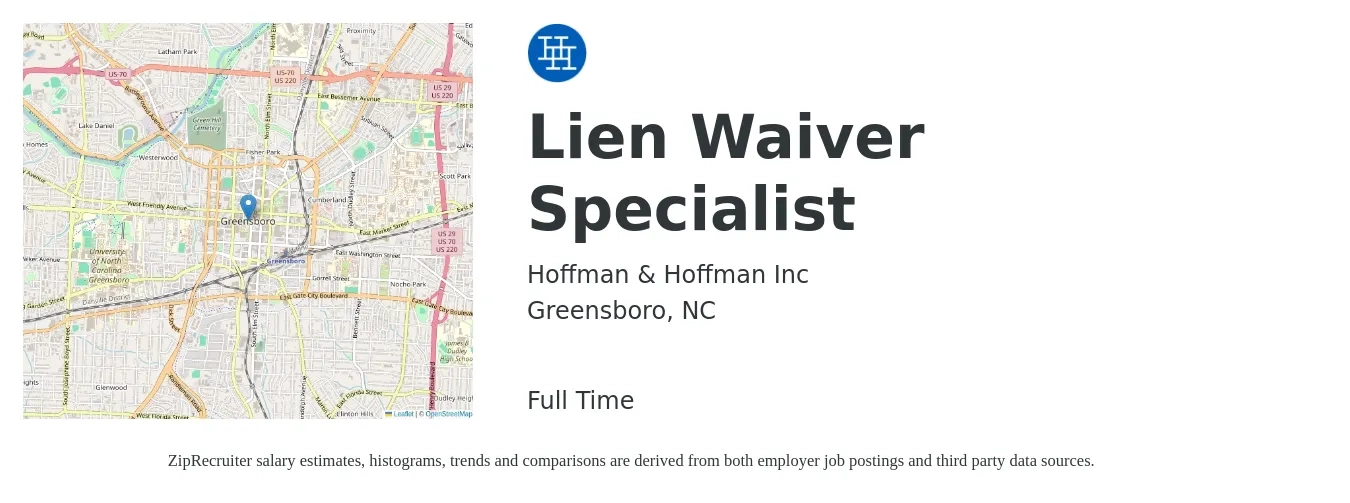 Hoffman & Hoffman Inc job posting for a Lien Waiver Specialist in Greensboro, NC with a salary of $19 to $27 Hourly with a map of Greensboro location.