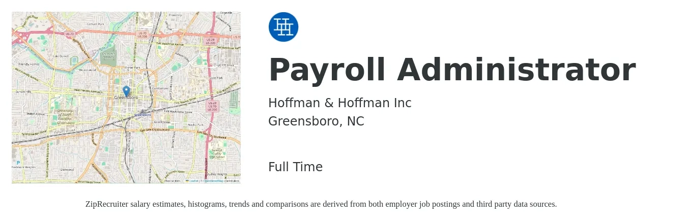 Hoffman & Hoffman Inc job posting for a Payroll Administrator in Greensboro, NC with a salary of $24 to $32 Hourly with a map of Greensboro location.