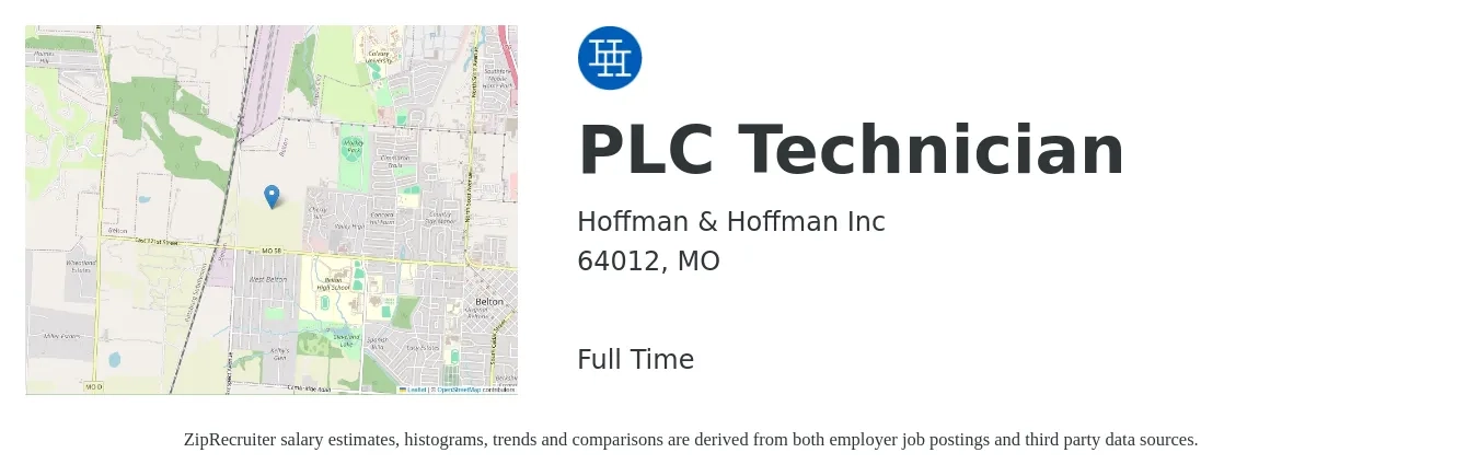Hoffman & Hoffman Inc job posting for a PLC Technician in 64012, MO with a salary of $28 to $34 Hourly with a map of 64012 location.