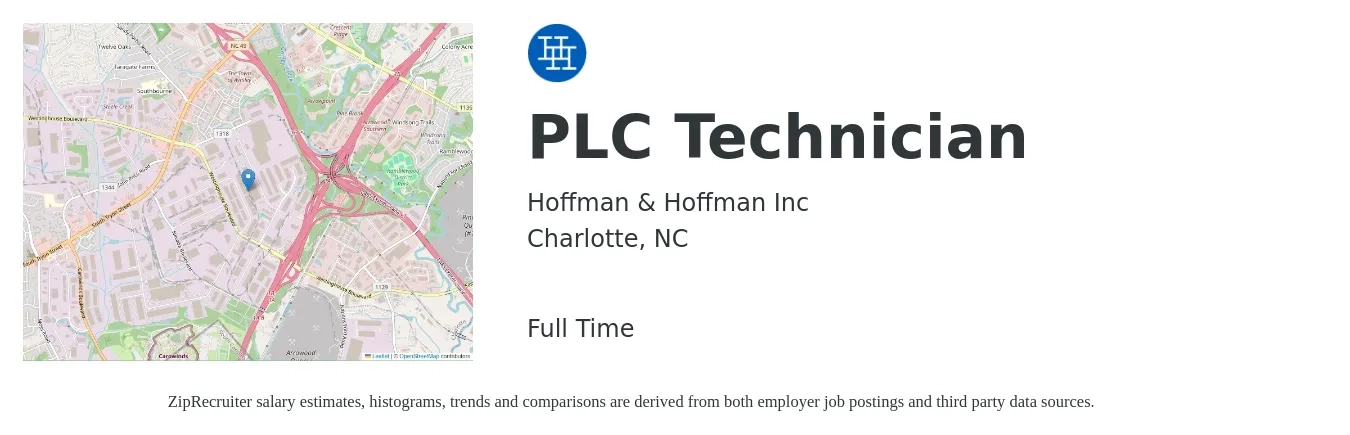 Hoffman & Hoffman Inc job posting for a PLC Technician in Charlotte, NC with a salary of $31 to $38 Hourly with a map of Charlotte location.