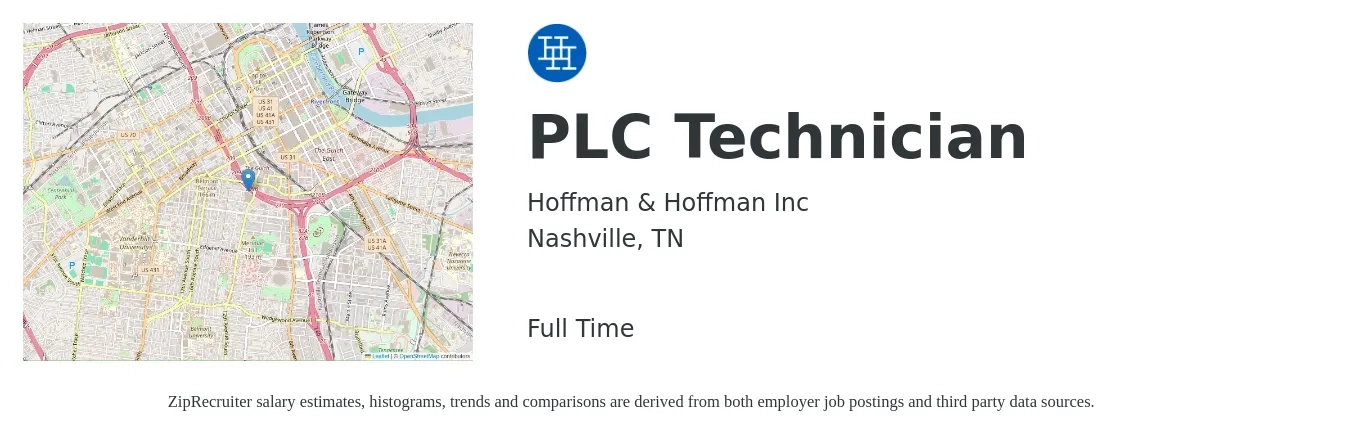Hoffman & Hoffman Inc job posting for a PLC Technician in Nashville, TN with a salary of $30 to $38 Hourly with a map of Nashville location.