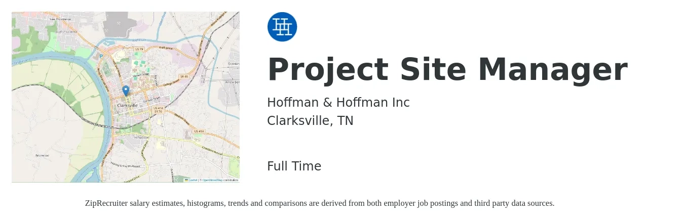 Hoffman & Hoffman Inc job posting for a Project Site Manager in Clarksville, TN with a salary of $54,300 to $101,300 Yearly with a map of Clarksville location.