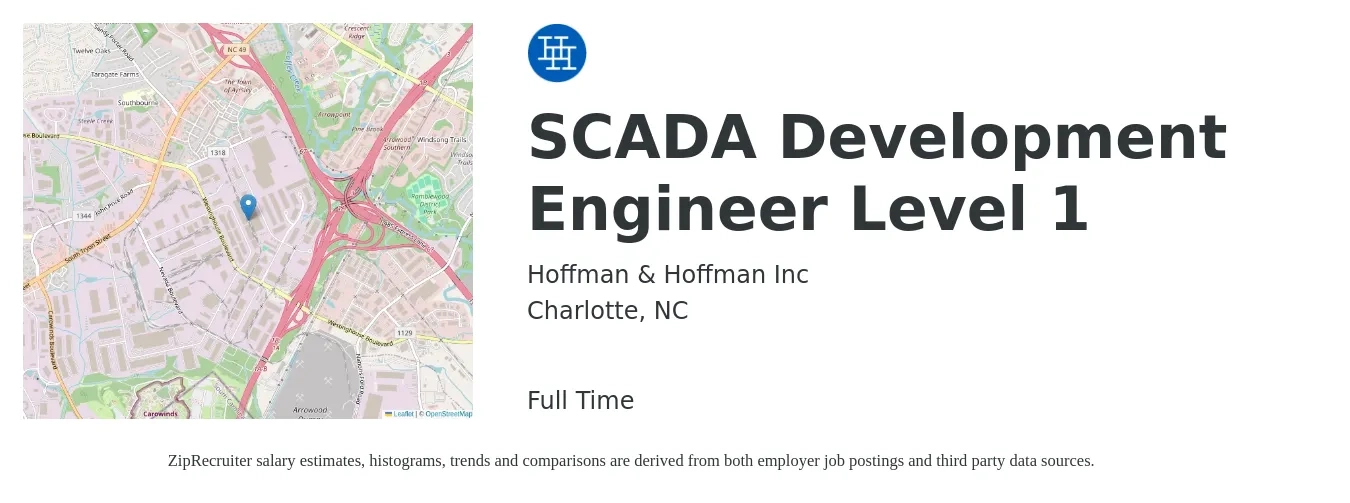 Hoffman & Hoffman Inc job posting for a SCADA Development Engineer Level 1 in Charlotte, NC with a salary of $81,900 to $113,700 Yearly with a map of Charlotte location.