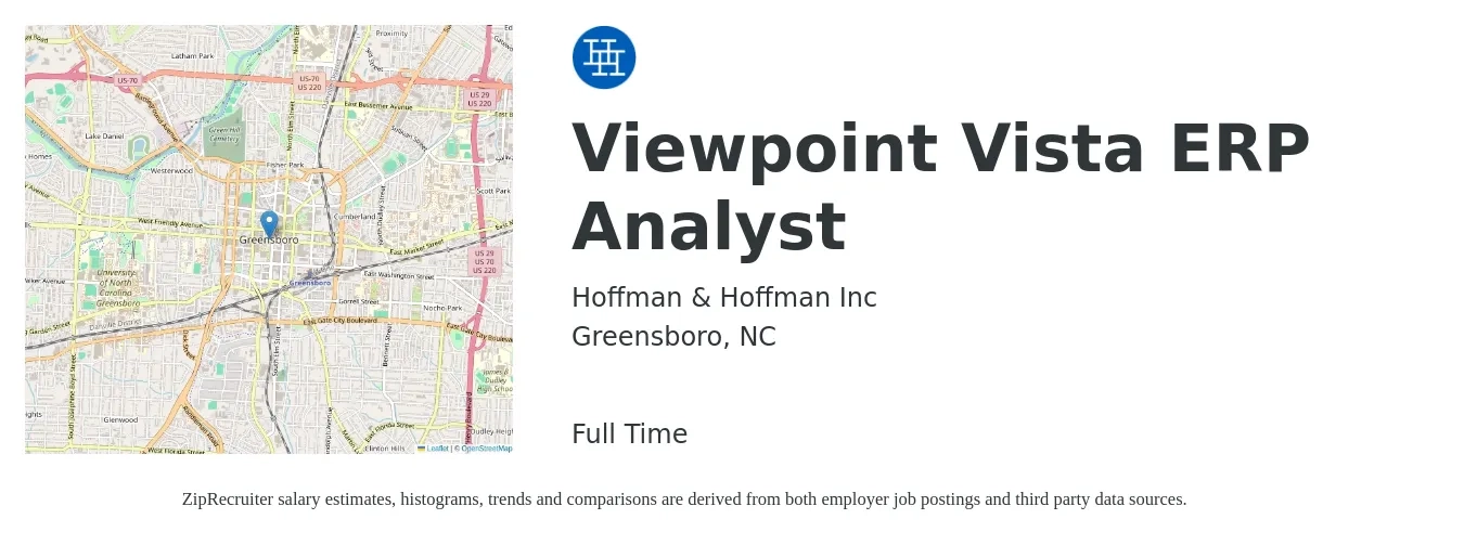 Hoffman & Hoffman Inc job posting for a Viewpoint Vista ERP Analyst in Greensboro, NC with a salary of $50,900 to $84,300 Yearly with a map of Greensboro location.