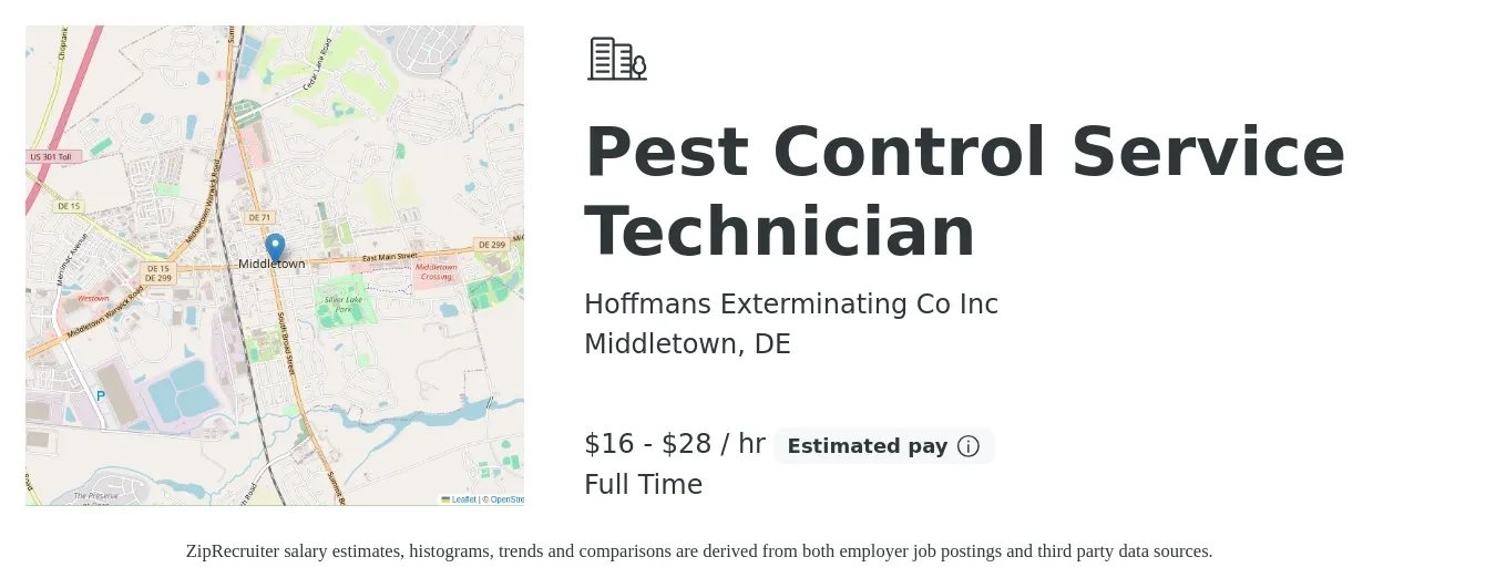 Hoffmans Exterminating Co Inc job posting for a Pest Control Service Technician in Middletown, DE with a salary of $17 to $30 Hourly with a map of Middletown location.