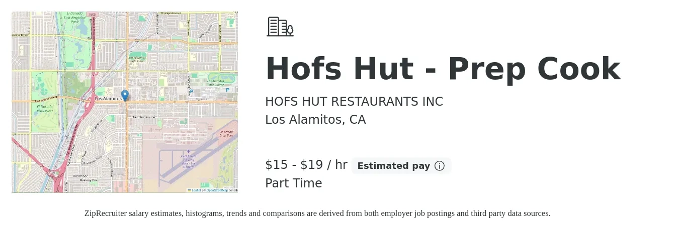 HOFS HUT RESTAURANTS INC job posting for a Hofs Hut - Prep Cook in Los Alamitos, CA with a salary of $16 to $20 Hourly with a map of Los Alamitos location.