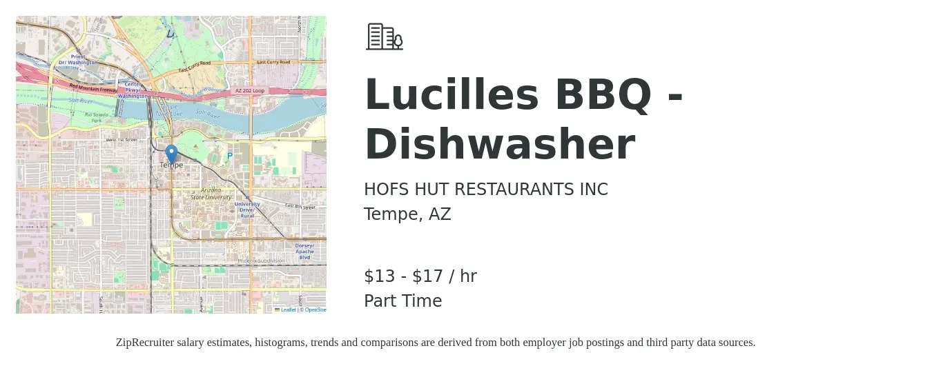 HOFS HUT RESTAURANTS INC job posting for a Lucilles BBQ - Dishwasher in Tempe, AZ with a salary of $14 to $18 Hourly with a map of Tempe location.