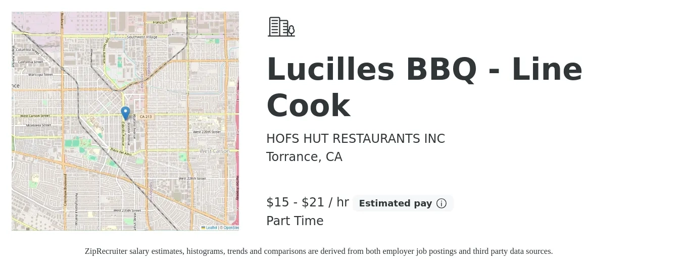 HOFS HUT RESTAURANTS INC job posting for a Lucilles BBQ - Line Cook in Torrance, CA with a salary of $16 to $22 Hourly with a map of Torrance location.