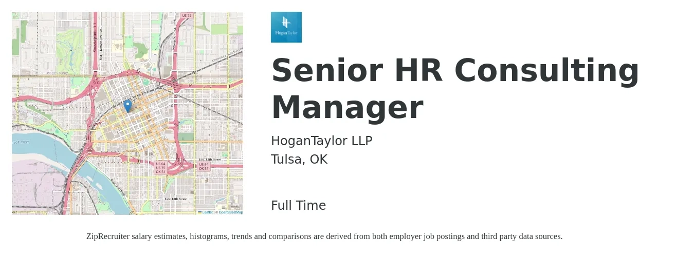 HoganTaylor LLP job posting for a Senior HR Consulting Manager in Tulsa, OK with a salary of $71,300 to $109,900 Yearly with a map of Tulsa location.