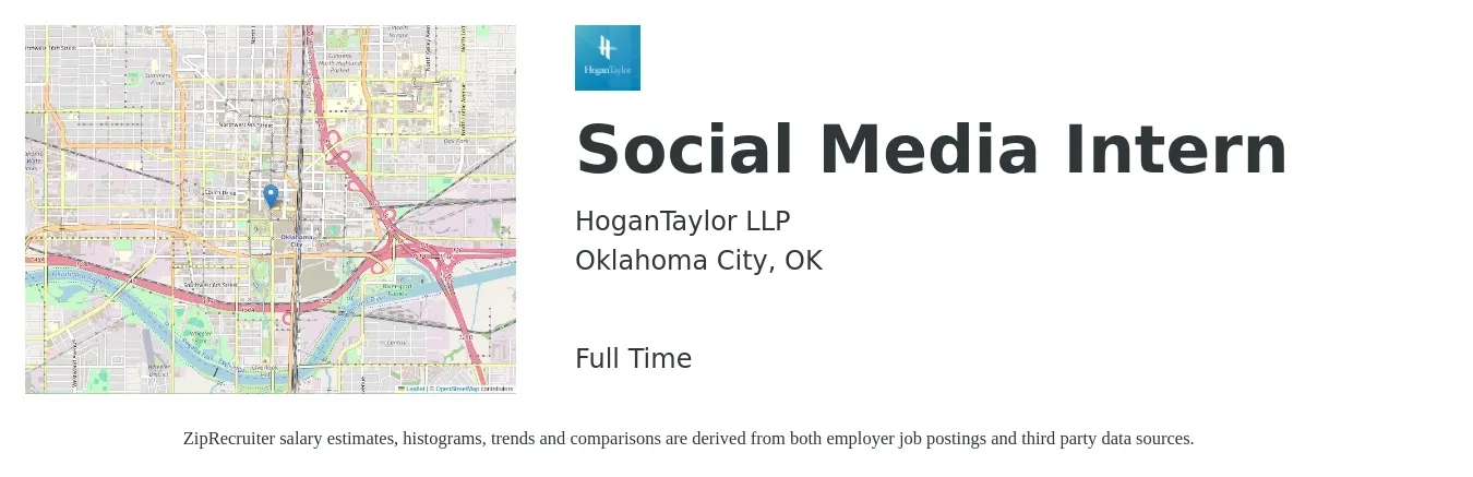 HoganTaylor LLP job posting for a Social Media Intern in Oklahoma City, OK with a salary of $14 to $18 Hourly with a map of Oklahoma City location.
