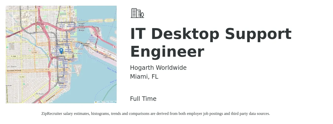Hogarth Worldwide job posting for a IT Desktop Support Engineer in Miami, FL with a salary of $20 to $30 Hourly with a map of Miami location.