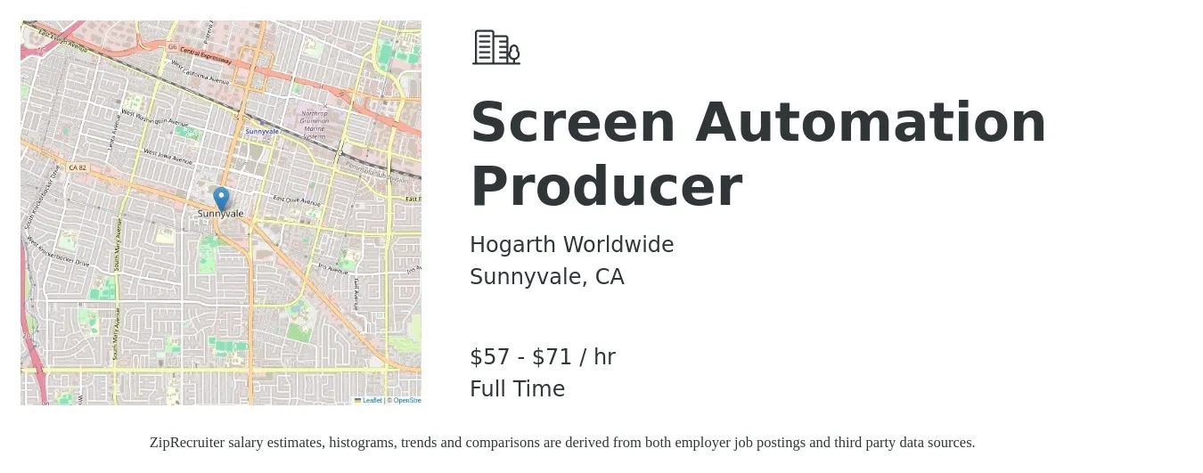 Hogarth Worldwide job posting for a Screen Automation Producer in Sunnyvale, CA with a salary of $60 to $74 Hourly with a map of Sunnyvale location.