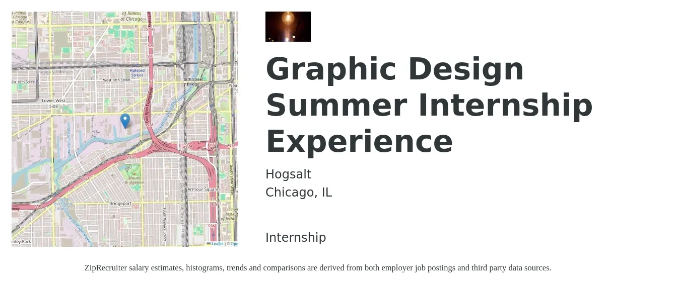 Hogsalt job posting for a Graphic Design Summer Internship Experience in Chicago, IL with a salary of $15 to $20 Hourly with a map of Chicago location.