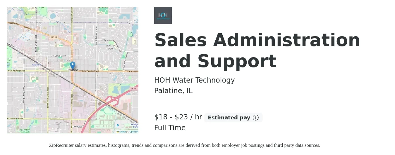 HOH Water Technology job posting for a Sales Administration and Support in Palatine, IL with a salary of $19 to $24 Hourly with a map of Palatine location.