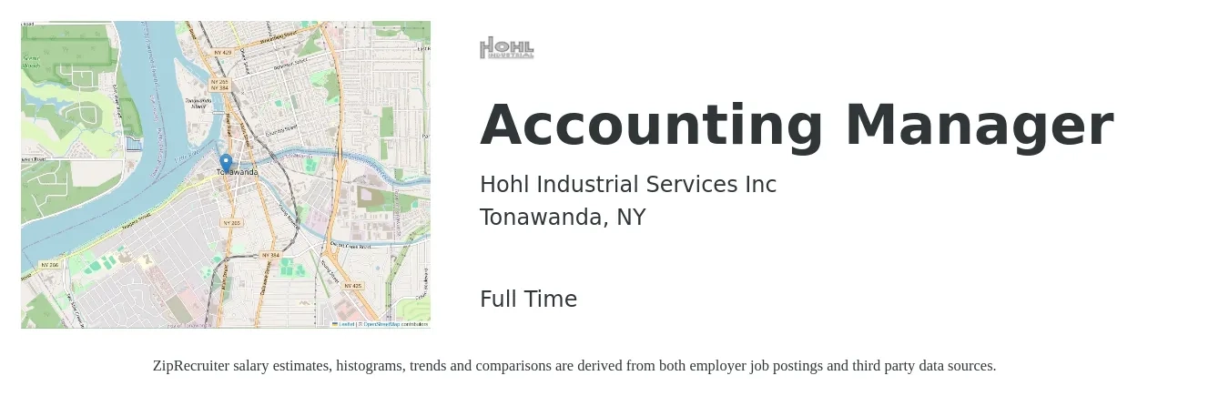 Hohl Industrial Services Inc job posting for a Accounting Manager in Tonawanda, NY with a salary of $70,000 to $95,000 Yearly with a map of Tonawanda location.