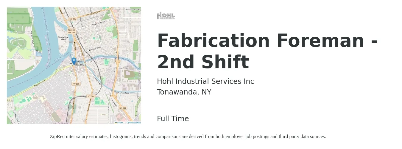 Hohl Industrial Services Inc job posting for a Fabrication Foreman - 2nd Shift in Tonawanda, NY with a salary of $28 to $35 Yearly with a map of Tonawanda location.
