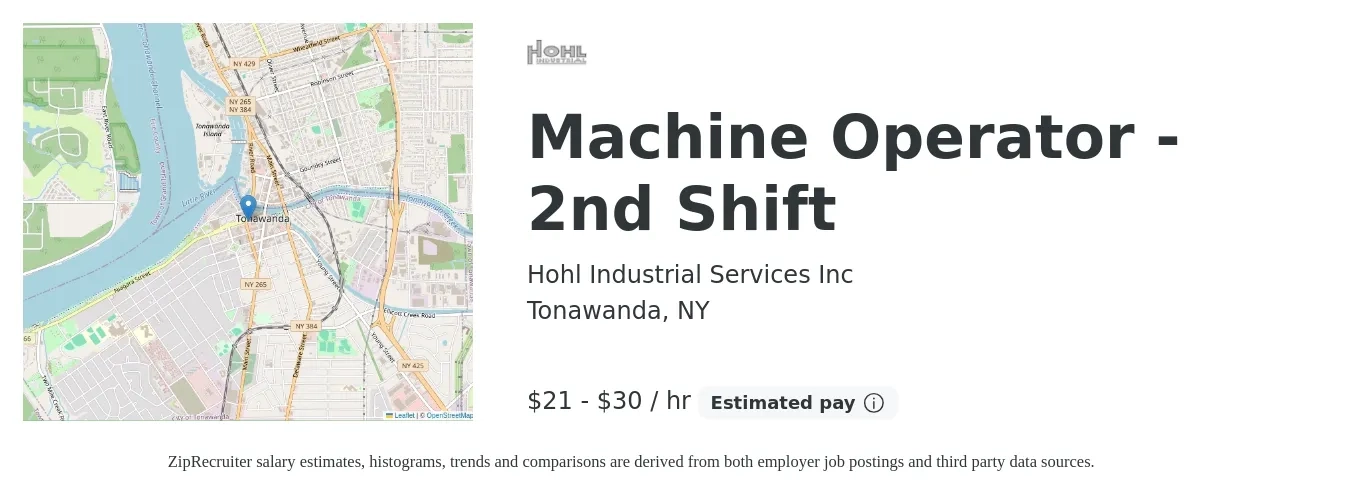 Hohl Industrial Services Inc job posting for a Machine Operator - 2nd Shift in Tonawanda, NY with a salary of $22 to $32 Hourly with a map of Tonawanda location.