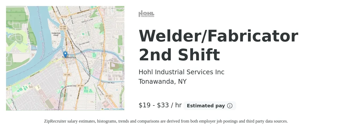 Hohl Industrial Services Inc job posting for a Welder/Fabricator 2nd Shift in Tonawanda, NY with a salary of $20 to $35 Hourly with a map of Tonawanda location.