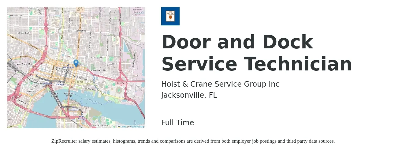 Hoist & Crane Service Group Inc job posting for a Door and Dock Service Technician in Jacksonville, FL with a salary of $18 to $26 Hourly with a map of Jacksonville location.