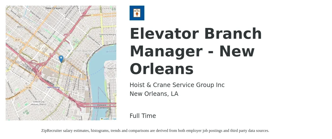 Hoist & Crane Service Group Inc job posting for a Elevator Branch Manager - New Orleans in New Orleans, LA with a salary of $65,500 to $94,000 Yearly with a map of New Orleans location.