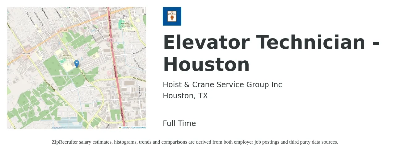 Hoist & Crane Service Group Inc job posting for a Elevator Technician - Houston in Houston, TX with a salary of $21 to $42 Hourly with a map of Houston location.