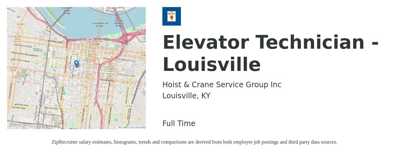 Hoist & Crane Service Group Inc job posting for a Elevator Technician - Louisville in Louisville, KY with a salary of $22 to $43 Hourly with a map of Louisville location.