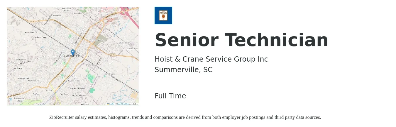 Hoist & Crane Service Group Inc job posting for a Senior Technician in Summerville, SC with a salary of $20 to $31 Hourly with a map of Summerville location.
