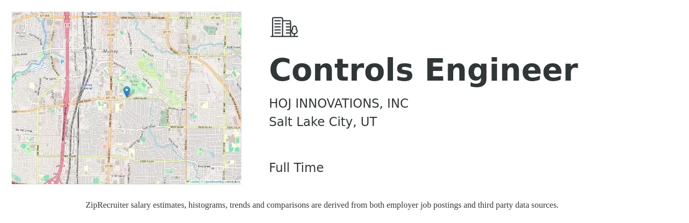 HOJ INNOVATIONS, INC job posting for a Controls Engineer in Salt Lake City, UT with a salary of $80,800 to $104,500 Yearly with a map of Salt Lake City location.