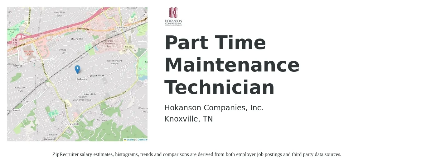 Hokanson Companies, Inc. job posting for a Part Time Maintenance Technician in Knoxville, TN with a salary of $18 to $26 Hourly with a map of Knoxville location.