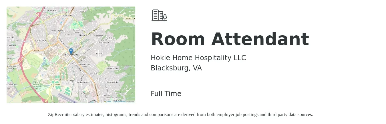 Hokie Home Hospitality LLC job posting for a Room Attendant in Blacksburg, VA with a salary of $12 to $15 Hourly with a map of Blacksburg location.