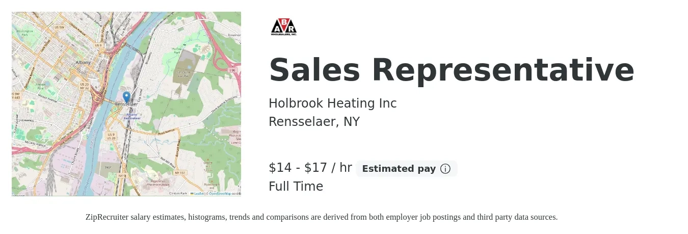 Holbrook Heating Inc job posting for a Sales Representative in Rensselaer, NY with a salary of $15 to $18 Hourly with a map of Rensselaer location.